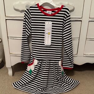 Florence Eiseman Black and White Striped Dress with Red Accents
